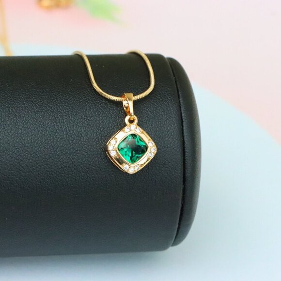 "Green Cushion Stone Pendant in Gold Plated Brass with Crystal Halo, XPPT1768 - Picture 5 of 14